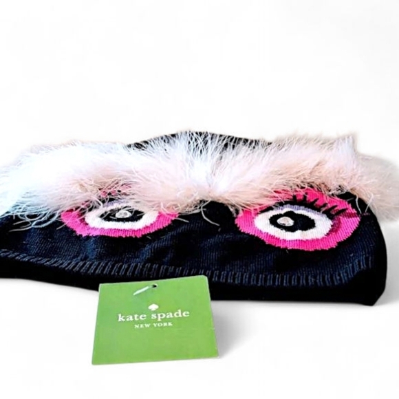 Kate Spade Monster Beanie Knit Hat Black Pink Faux Fur NWT - Picture 3 of 5